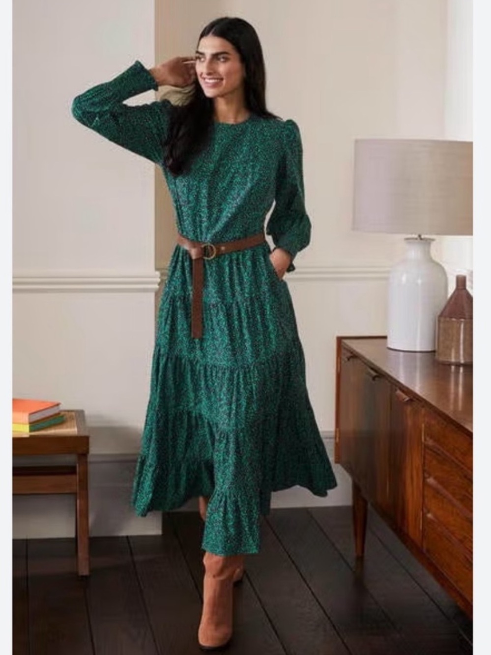 Boden Tiered Green Floral Maxi Dress 16/18